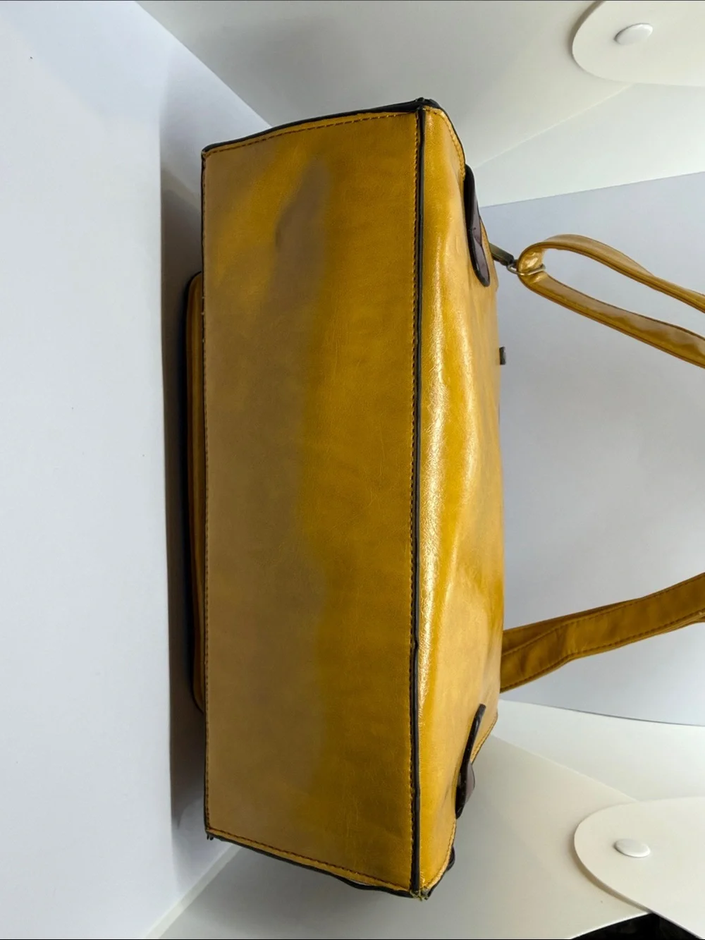 Yellow and Burgundy Leather Satchel with Woven Brown Accent